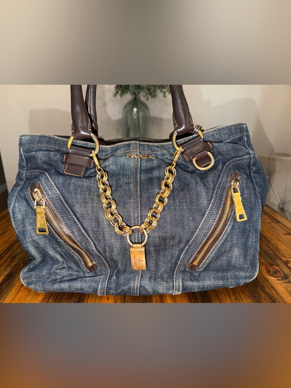 PRADA Denim & Vitello Leather Satchel - Picture 13 of 15